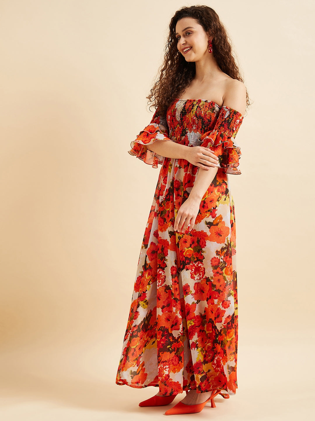 Floral Off-Shoulder Smocked Georgette Maxi Dress