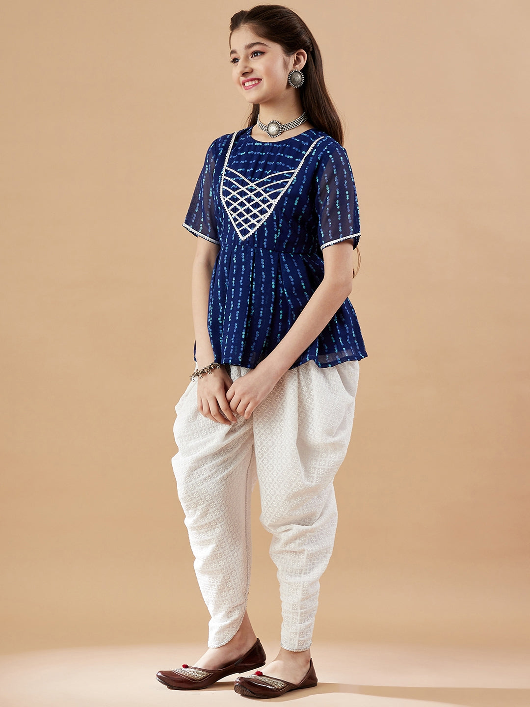 Girls Abstract Printed Empire Kurti With Dhoti Pants