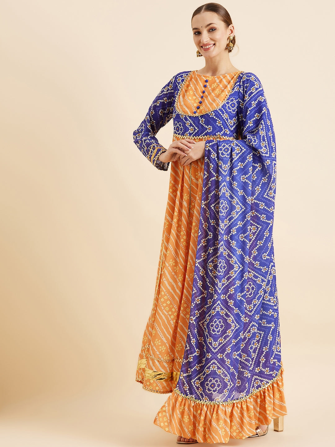 Yellow & Blue Bandhani Printed Kurta With Dupatta