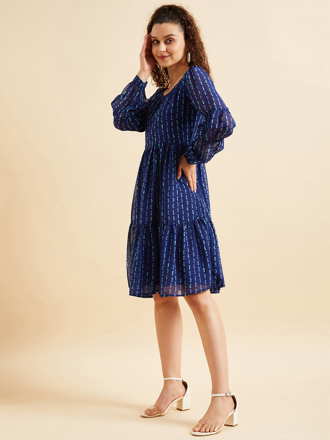 Puffed Sleeves Geometric Printed Tiered Fit & Flare Georgette Dres