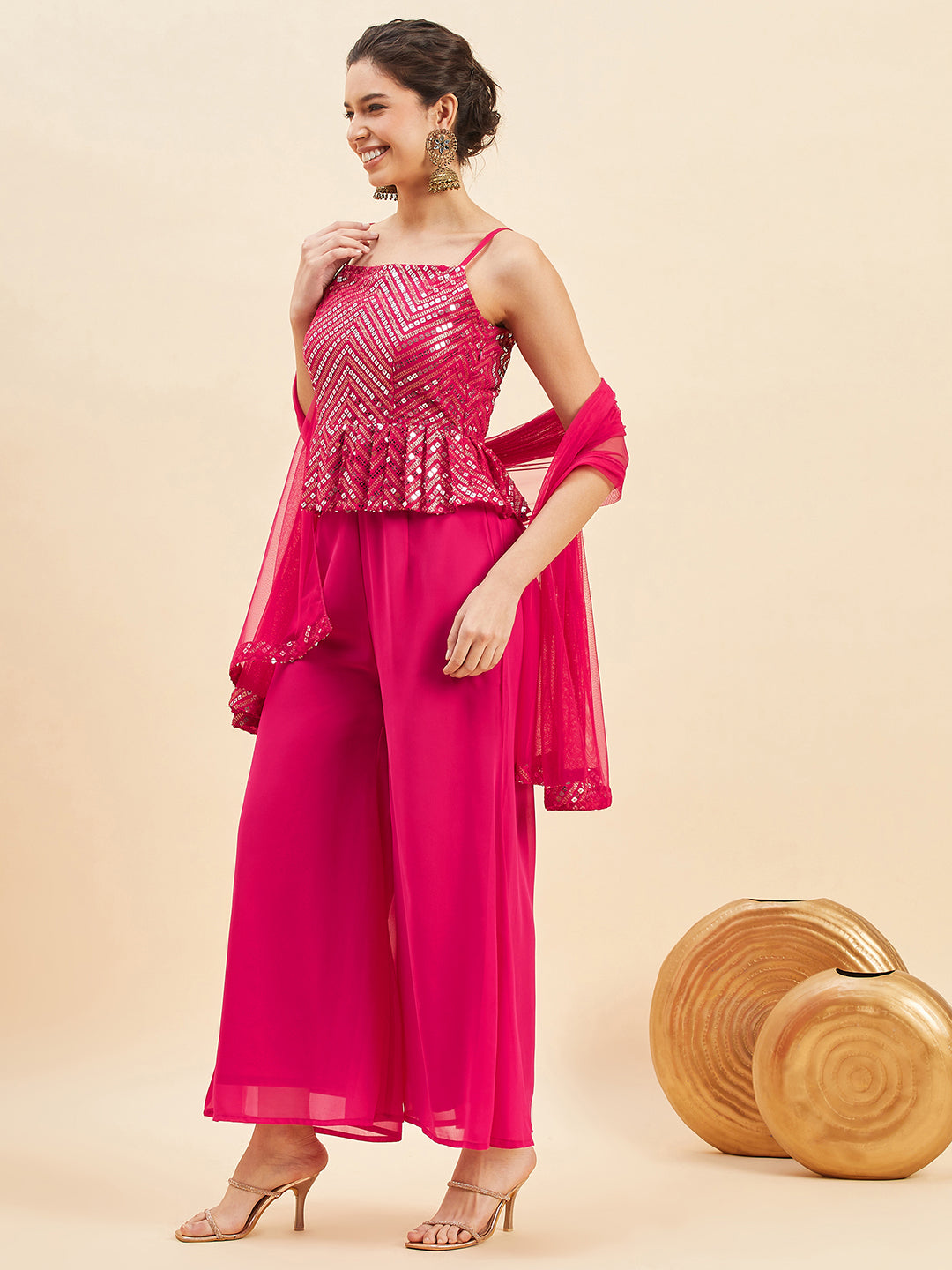 Magenta Pleated Sequinned Top with Sharara With Dupatta
