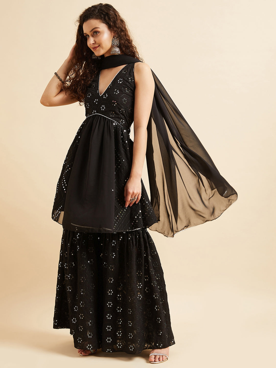 Black Embellished Mirror Work Kurta With Sharara & Dupatta