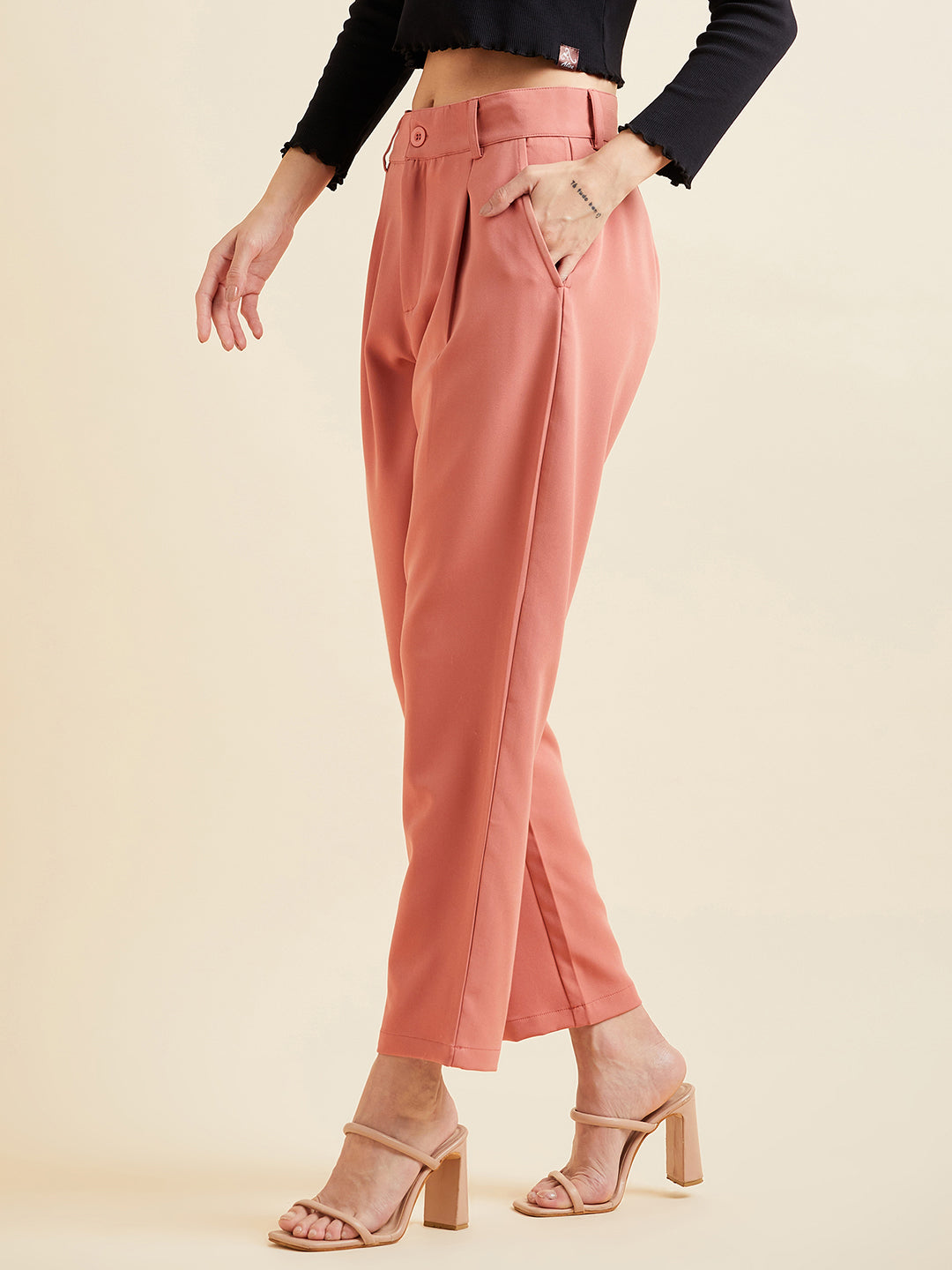 Rust Relaxed Straight Fit High-Rise Pleated Formal Trousers