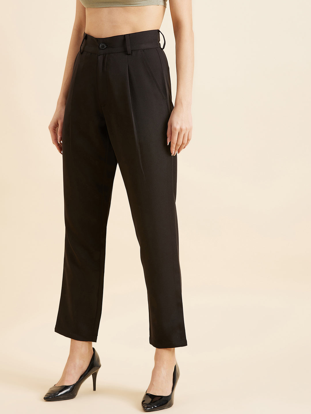 Black Relaxed Straight Fit High-Rise Formal Trousers