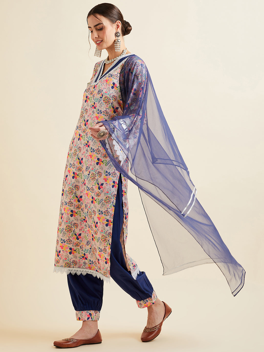 Floral Printed High Slit Patchwork Kurta with Salwar & With Dupatta