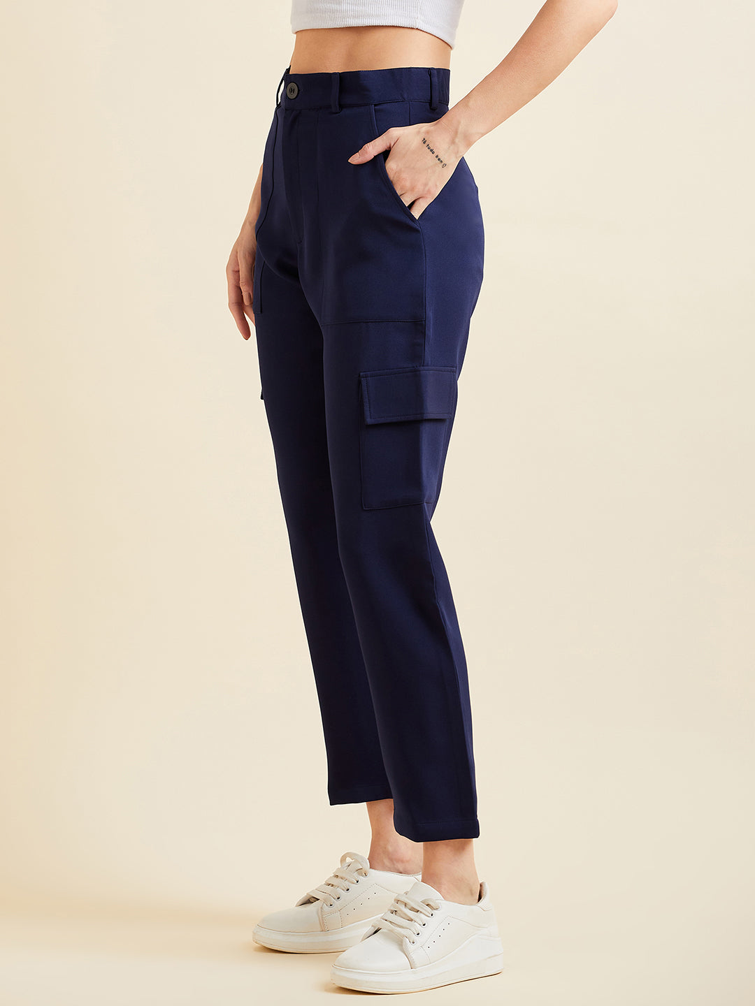 Navy Blue Smart Slim Fit Wrinkle Free Cigarette Trousers