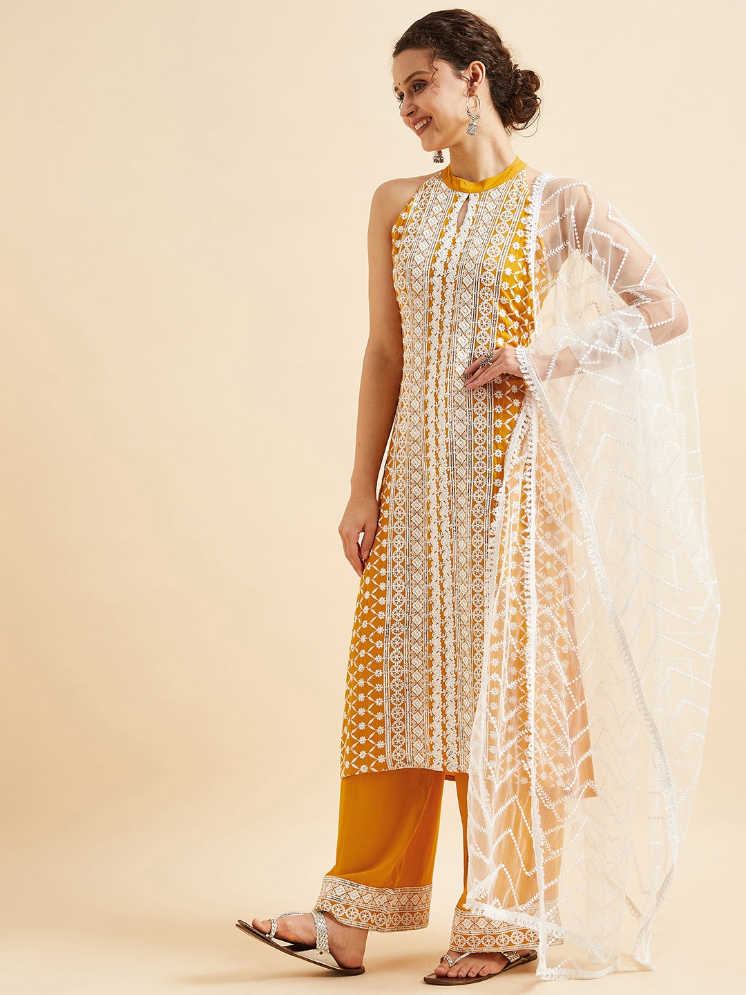 Yellow Ethnic Motifs Embroidered Thread Work Regular Kurta with Palazzos & Dupatta