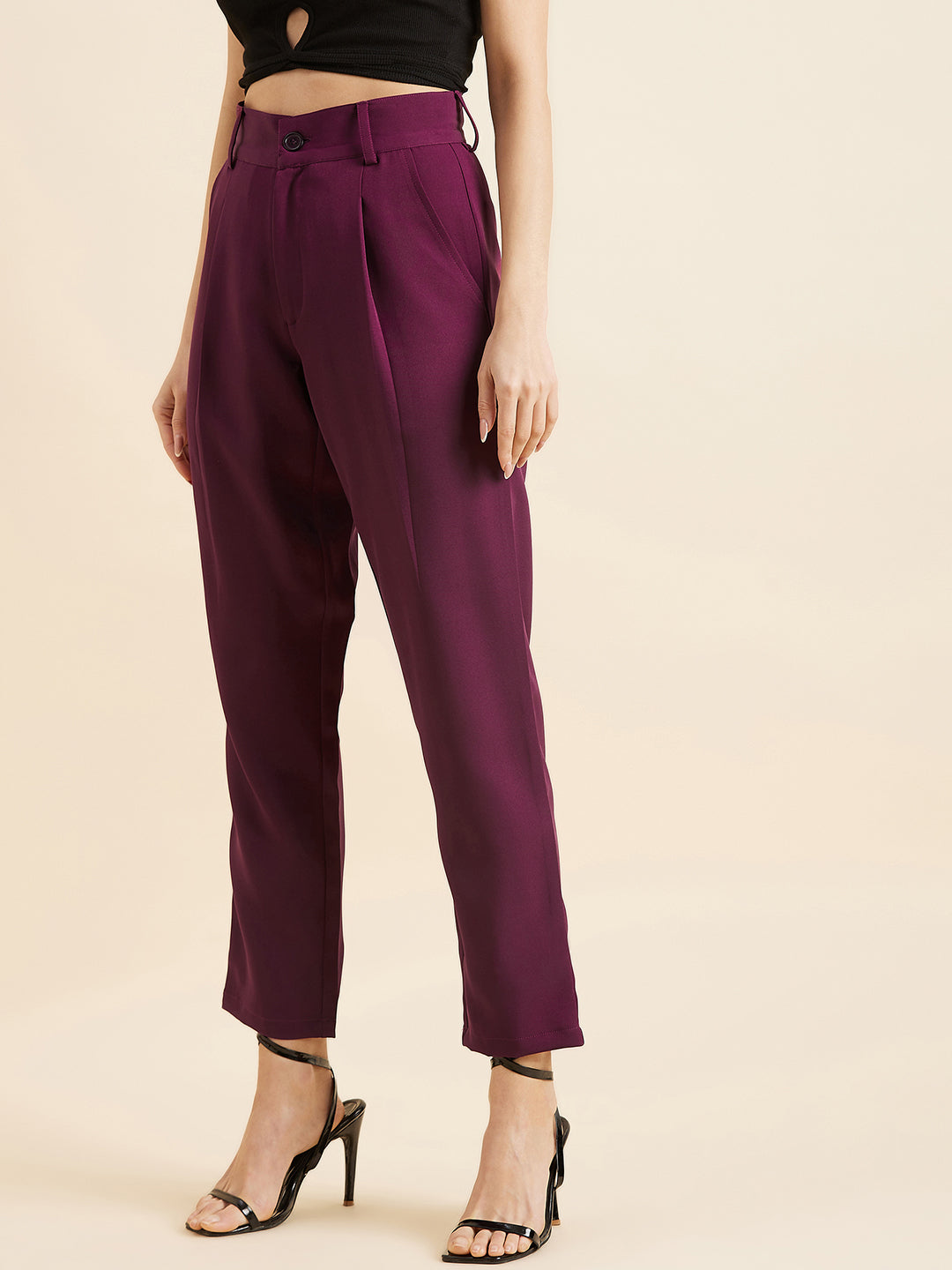 Burgundy Relaxed Straight Fit High-Rise Pleated Formal Trousers