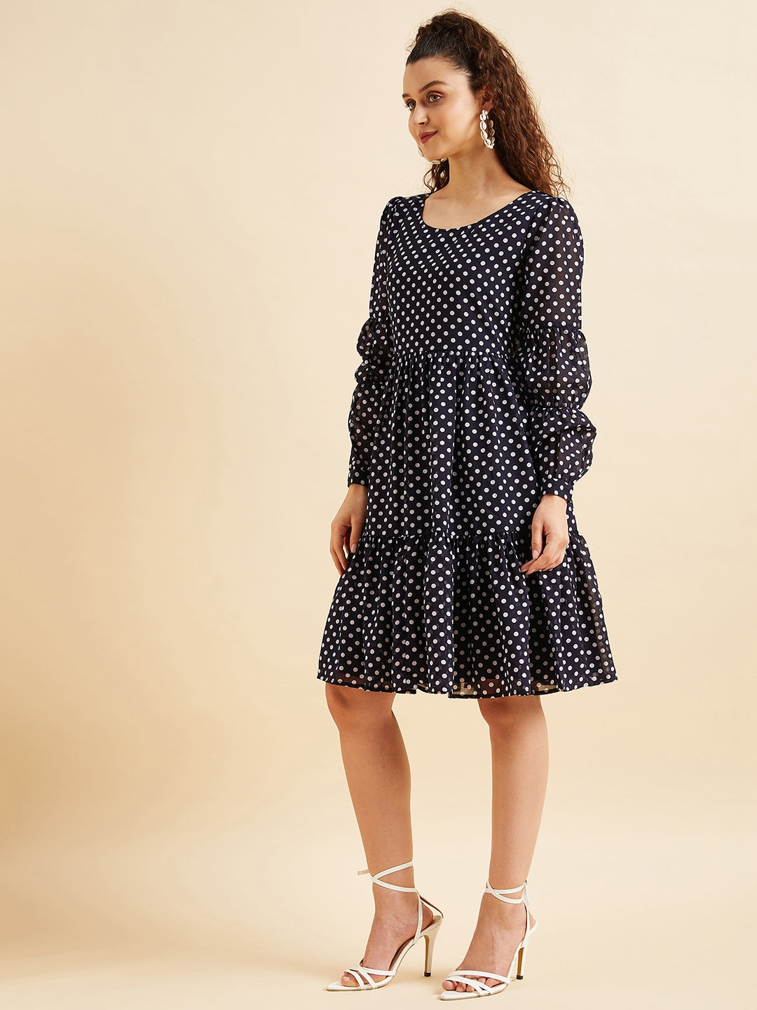 Polka Dots Printed Flounce Georgette Fit Flared Dress