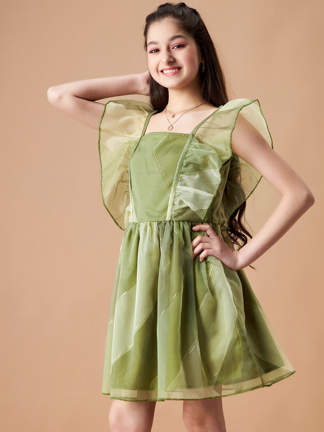Girls Flutter Sleeve Ruffled Fit & Flare Dress