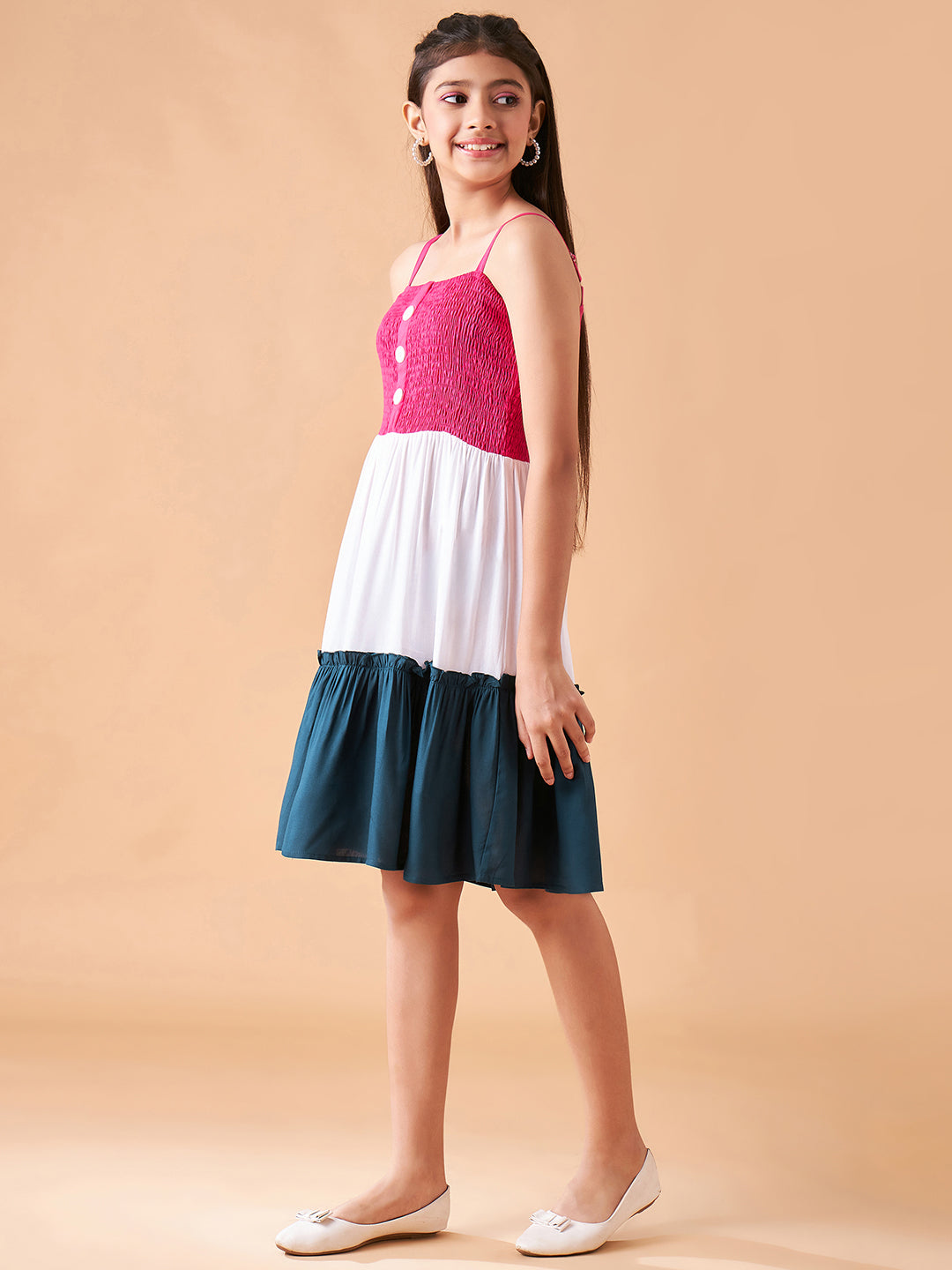 Girls Colourblocked Smocked Detailed Fit & Flare Dress