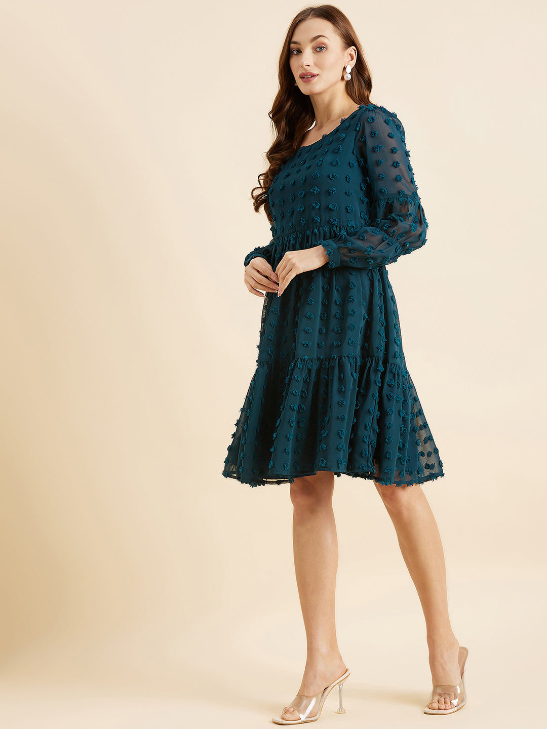 Dobby Fabric Puff Sleeves Tiered Fit & Flare Dress