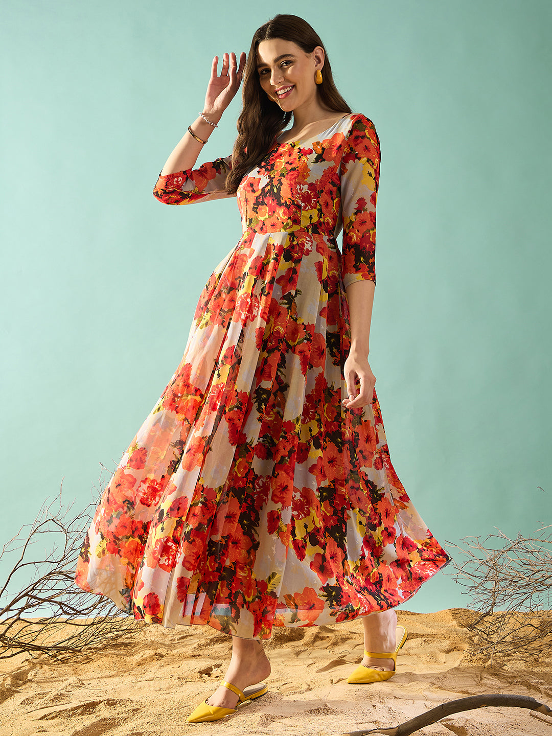 Floral Printed Fit and Flared Maxi Dress