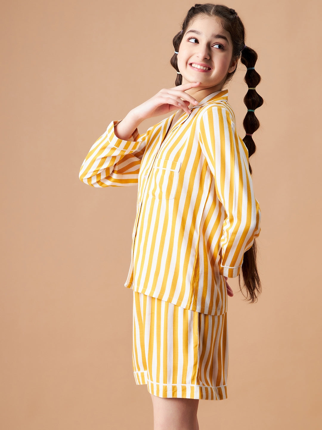 Girls Yellow Striped Shorts Night Suit Sets