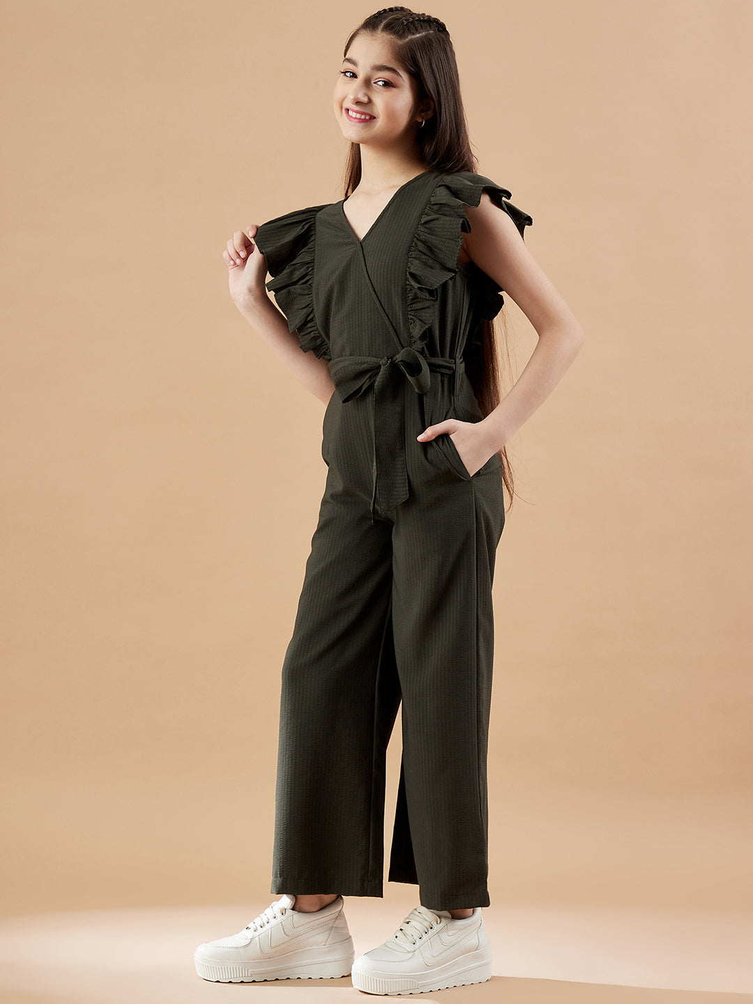 Girls Olive Green Basic Jumpsuit