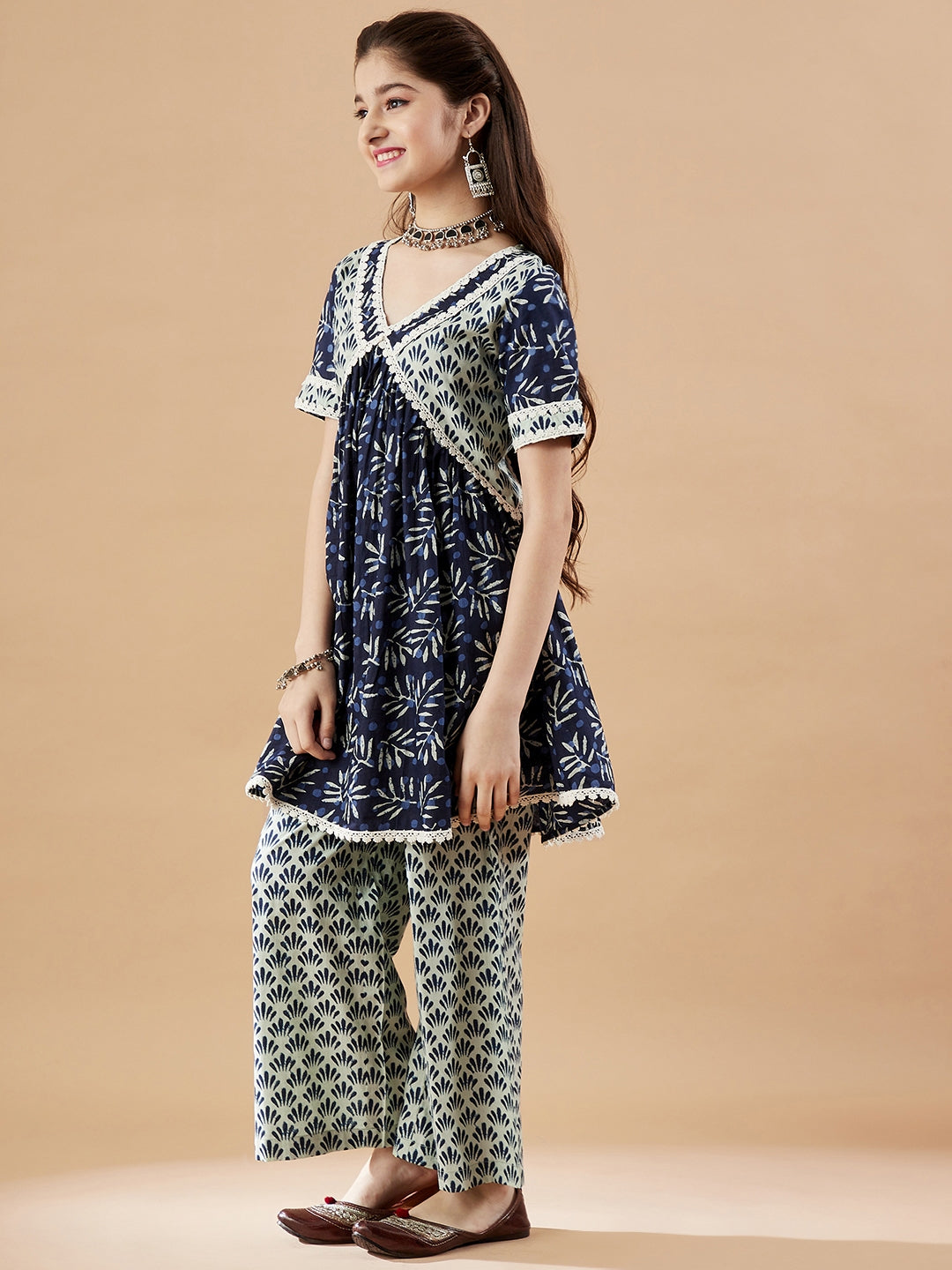 Girls Cotton Printed Panelled Kurti With Palazzos
