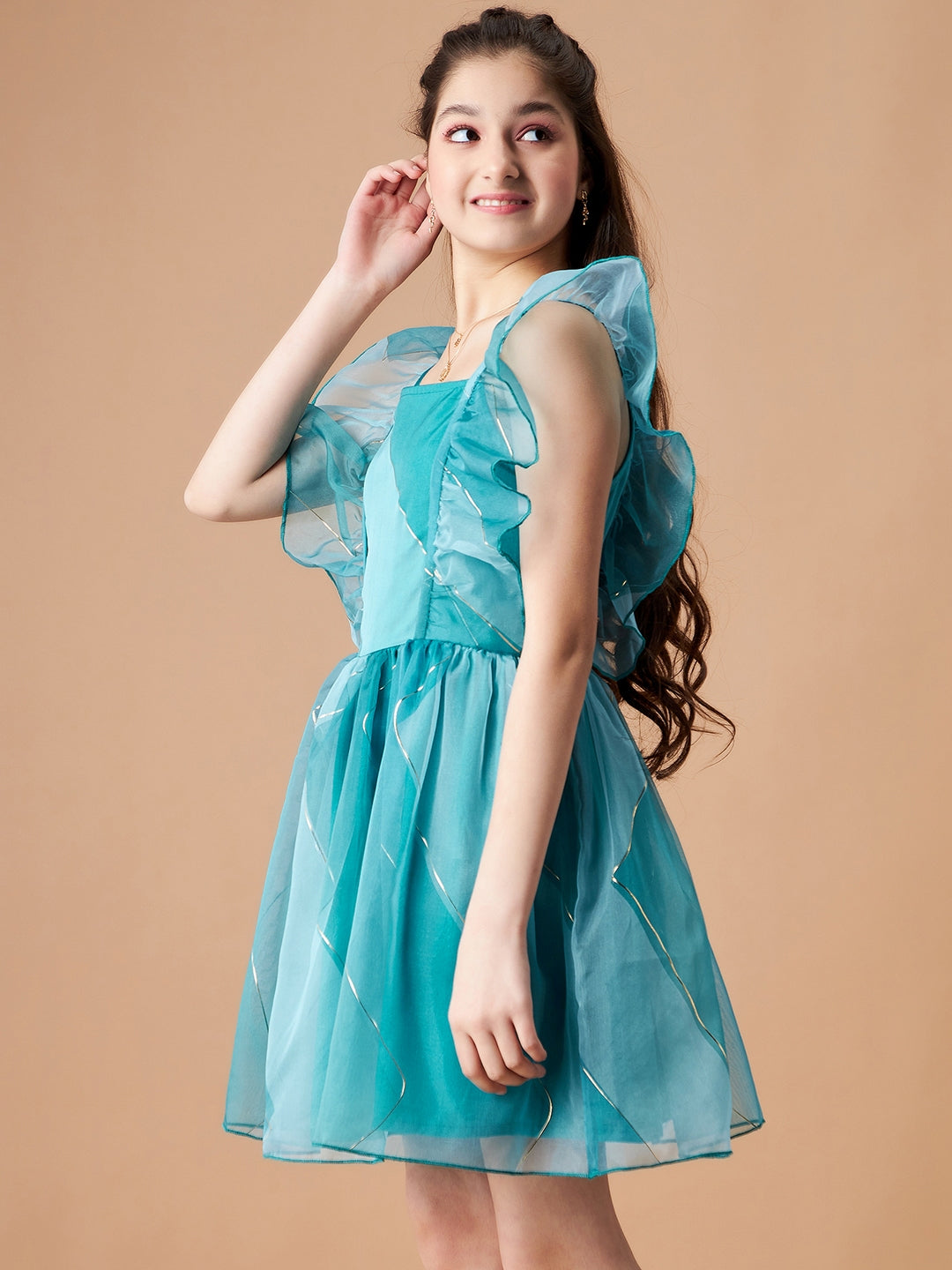 Girls Striped Flutter Sleeves Ruffled Organza Fit & Flare Dress