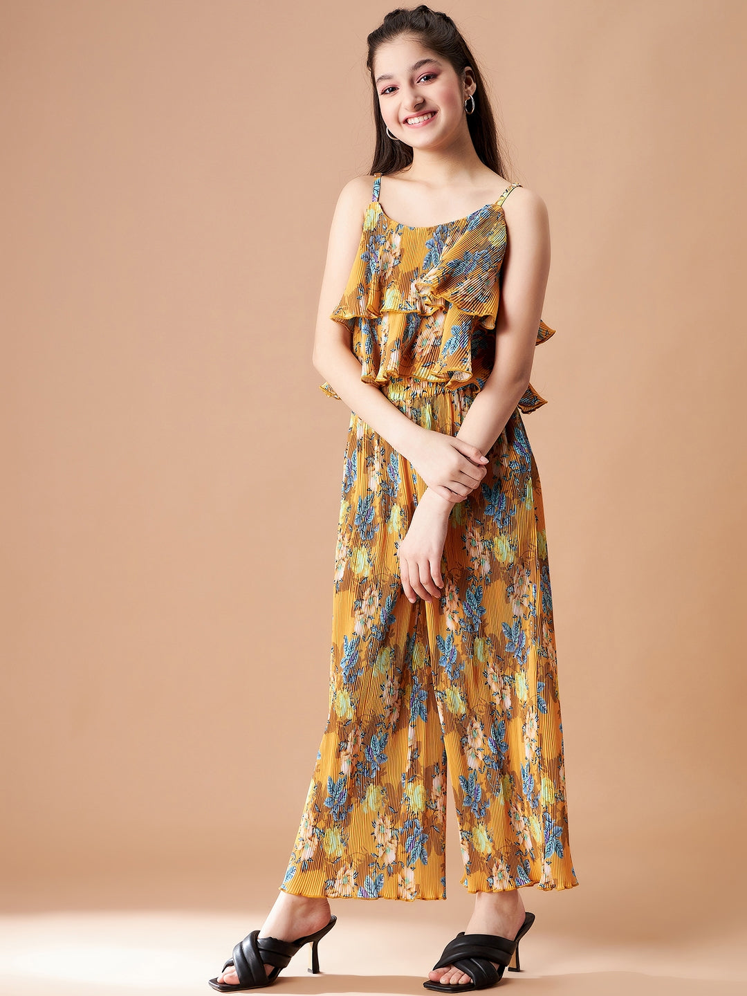 Girls Yellow Floral Printed Top with Trousers