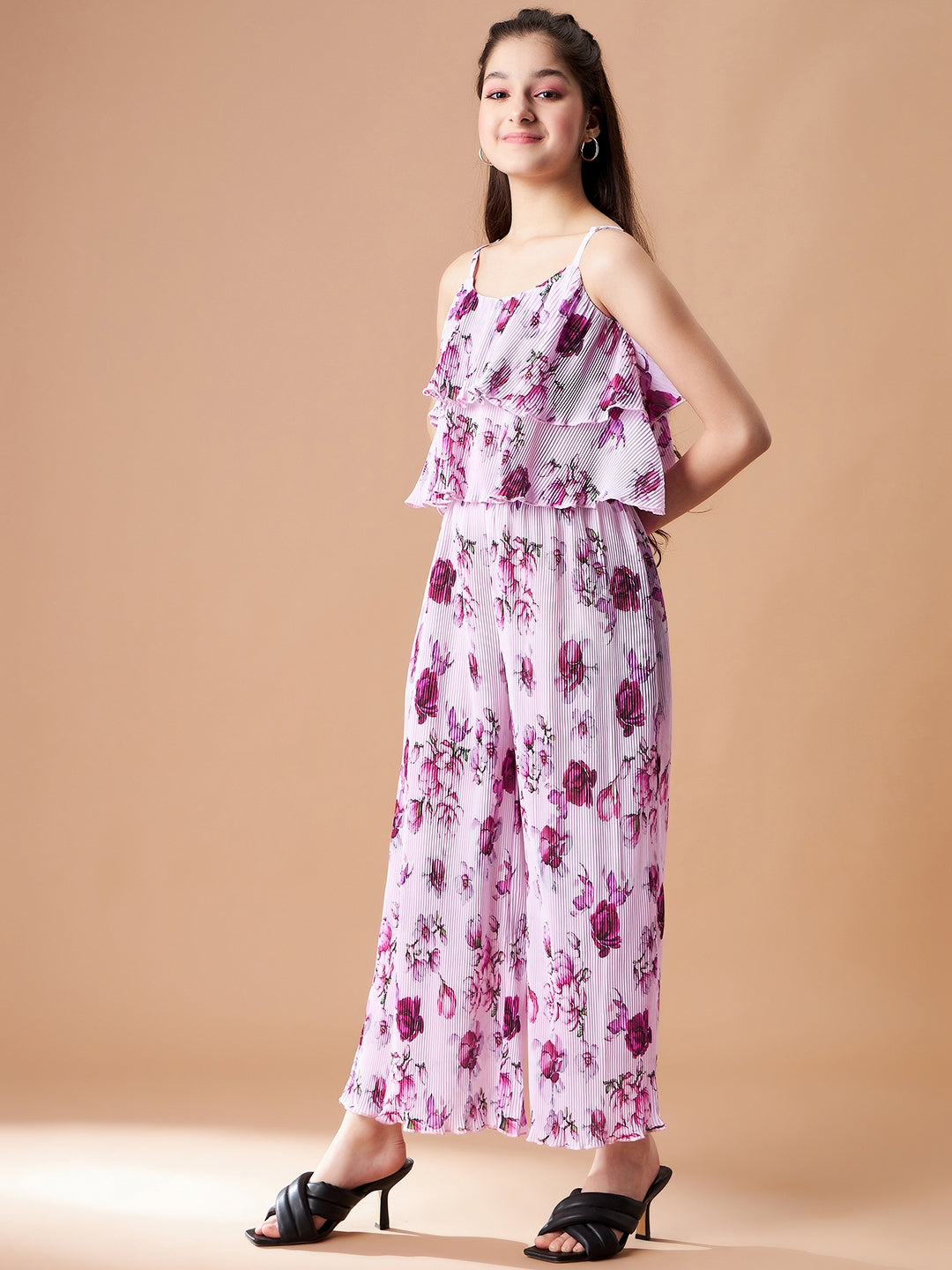 Girls Pink Floral Printed Top with Trousers