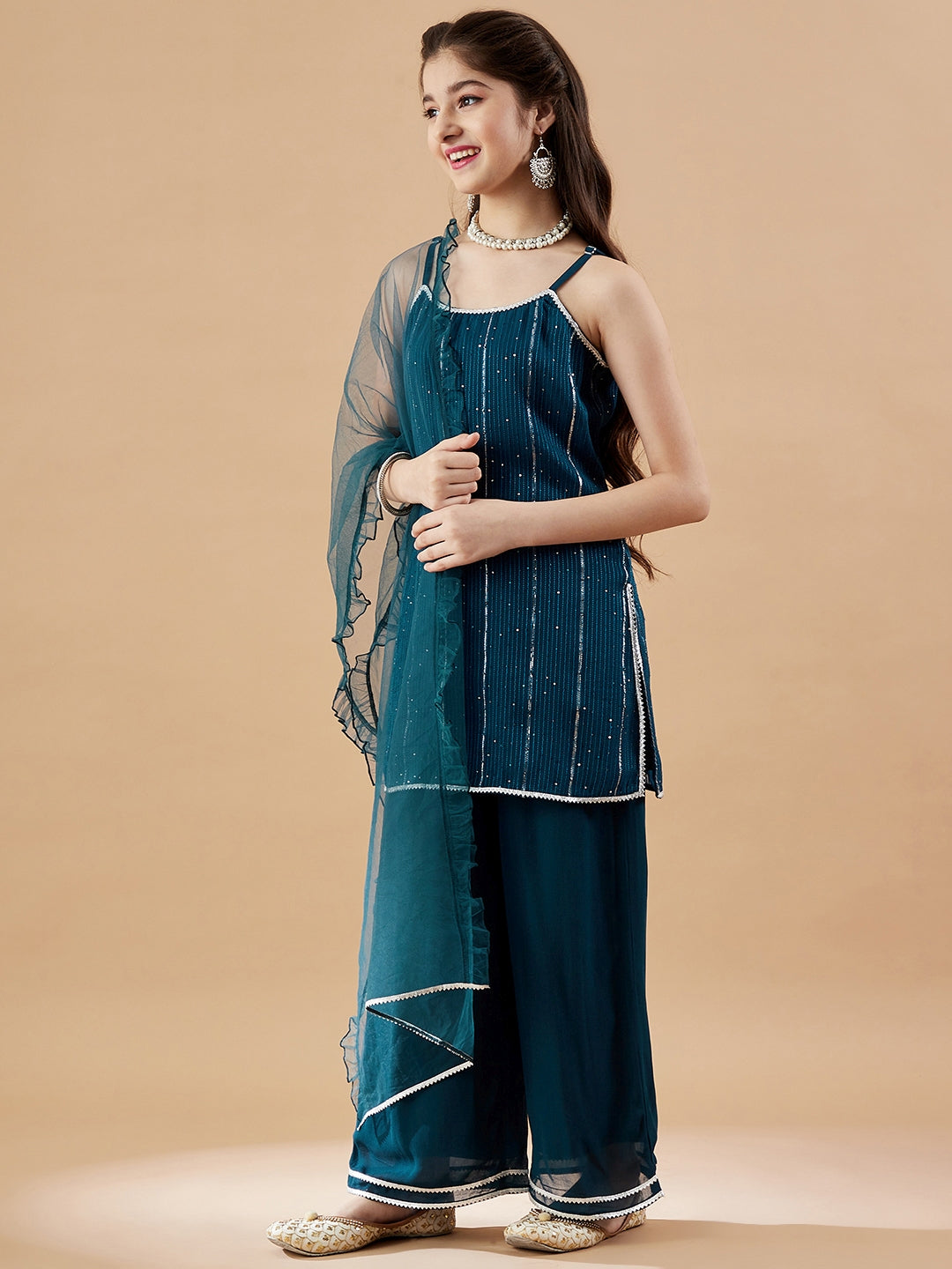 Girls Embroidered Sequinned Kurta with Palazzos & With Dupatta