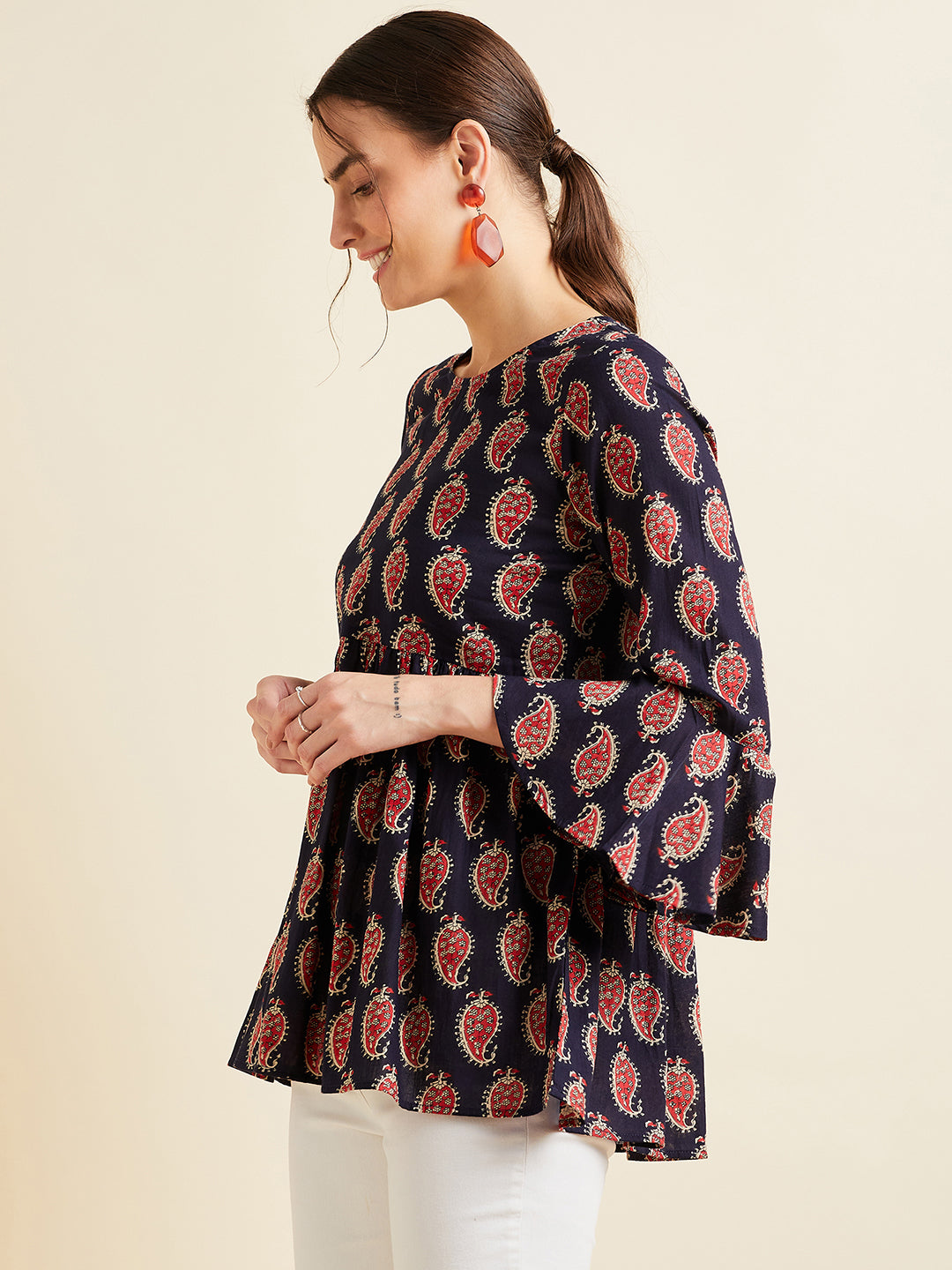 Paisley Printed Bell Sleeves Pleated A-Line Kurti