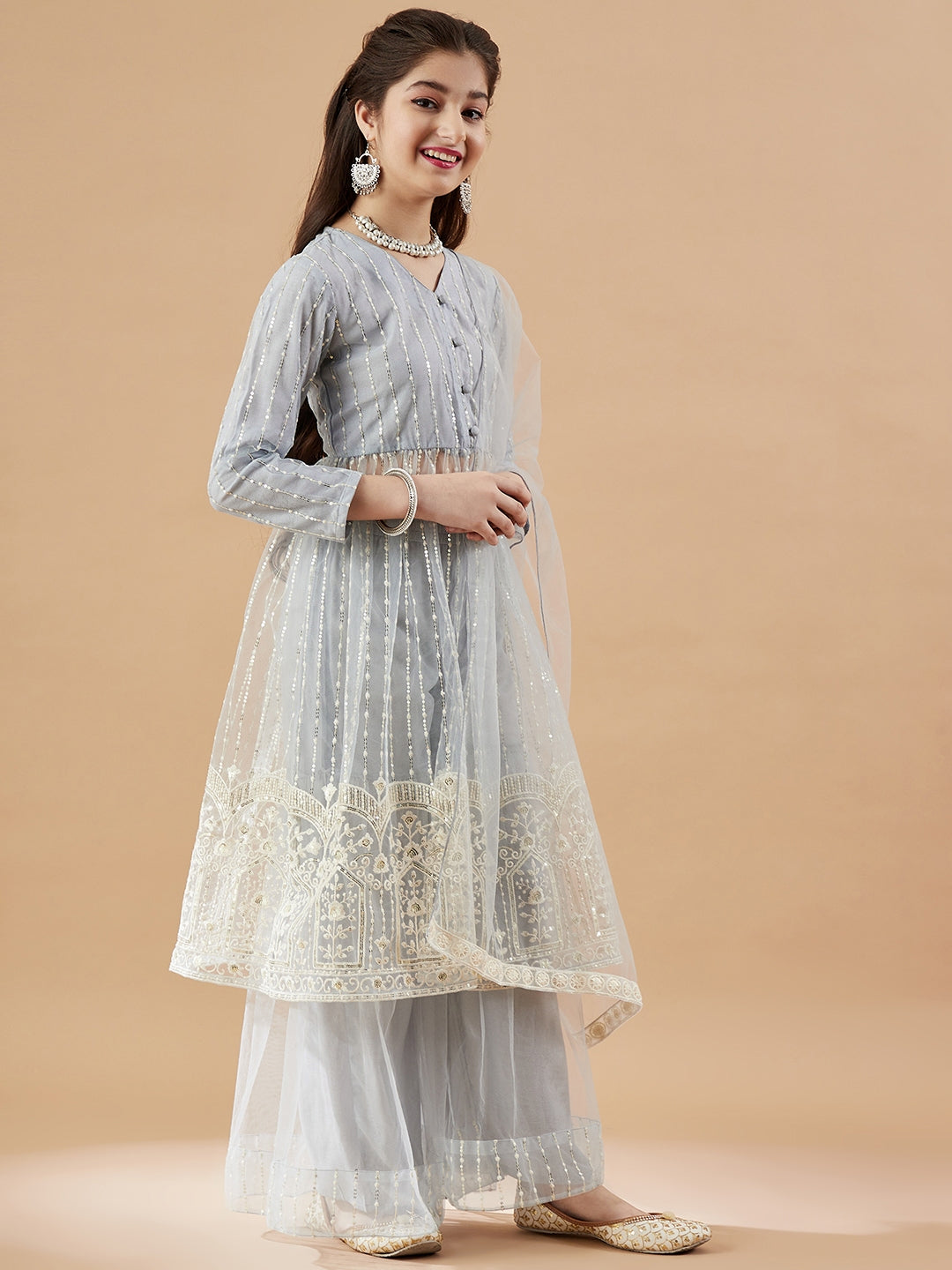 Girls Striped Embroidered Mesh Empire Sequinned Kurta & Sharara & Dupatta