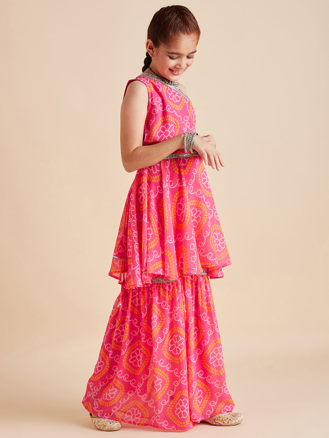 Girls Pink Bandhani Printed Empire Gotta Patti Kurta with Sharara