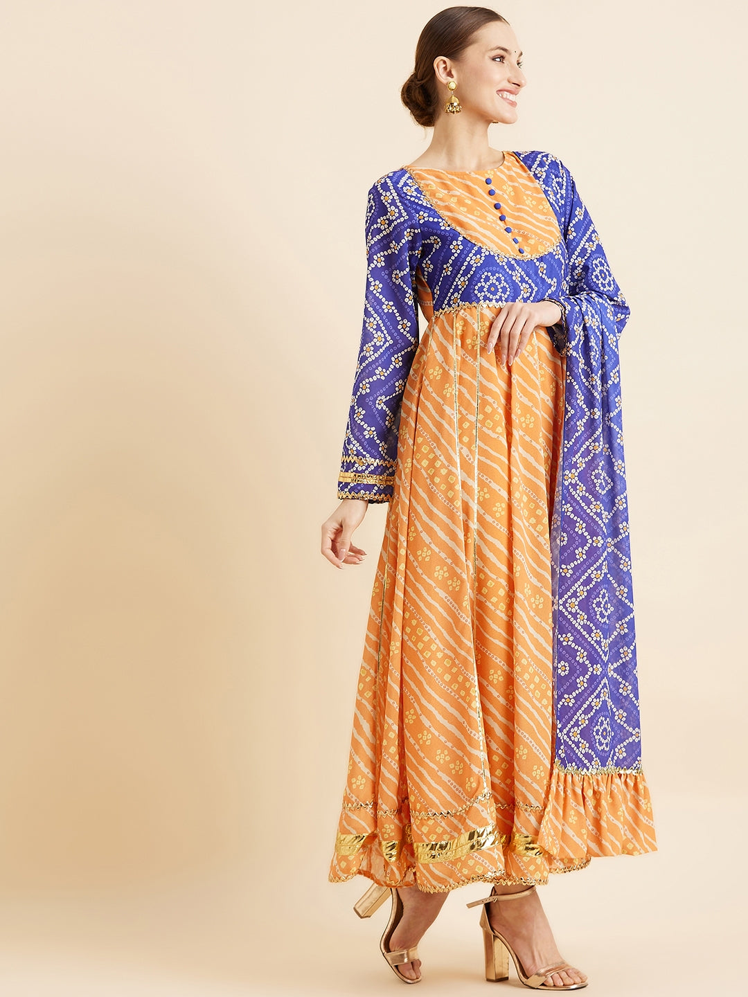 Yellow & Blue Bandhani Printed Kurta With Dupatta