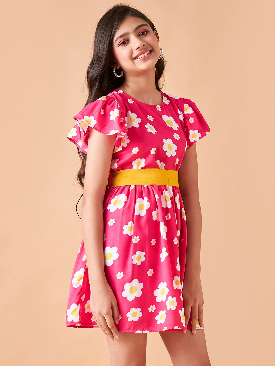 Girls Floral Printed Flutter Sleeve Fit & Flare Dress