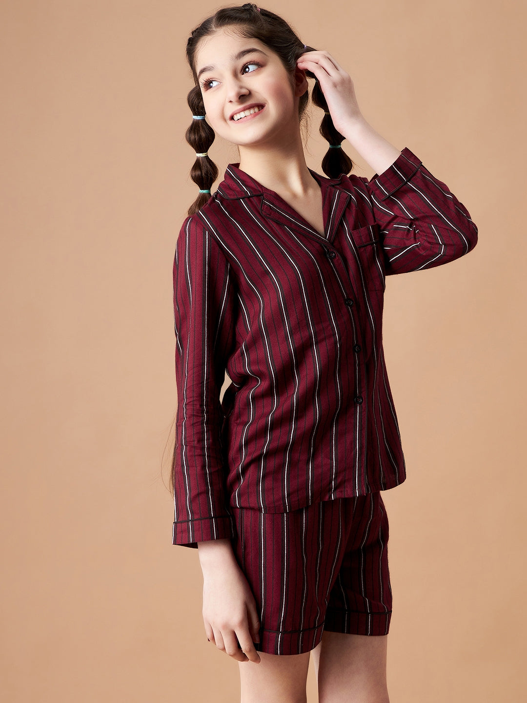 Girls Maroon Striped Shorts Night Suit Sets
