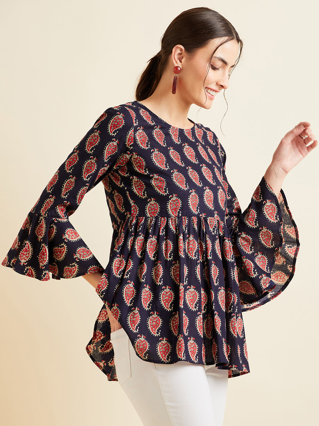 Paisley Printed Bell Sleeves Pleated A-Line Kurti