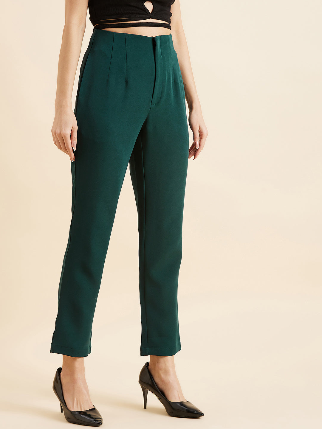 Green Smart Straight Fit High-Rise Trousers
