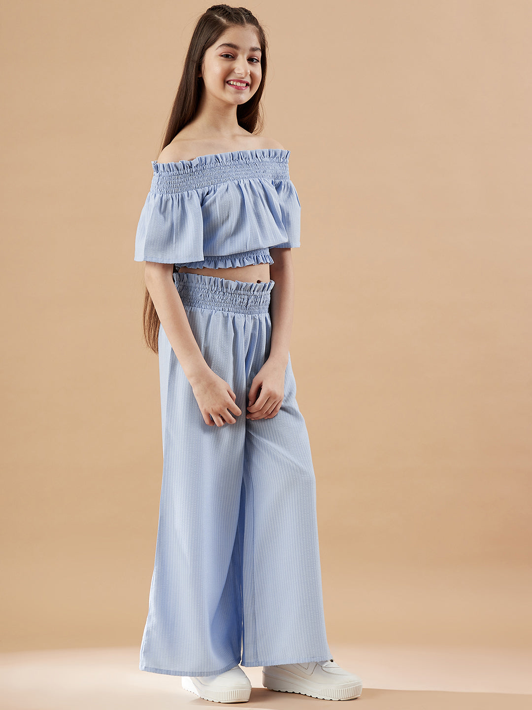 Girls Off-Shoulder Blue Top with Trousers
