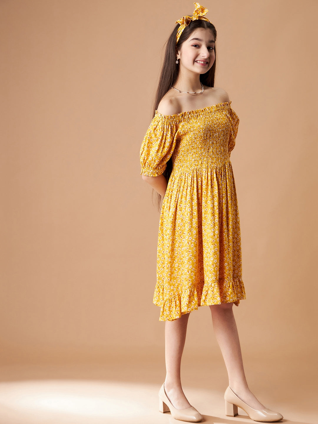 Girls Floral Print Off-Shoulder Puff Sleeve Fit Flare Dress