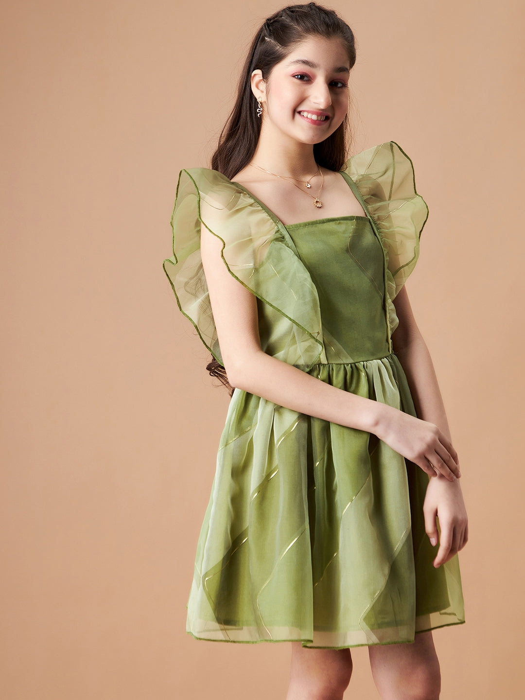 Girls Flutter Sleeve Ruffled Fit & Flare Dress