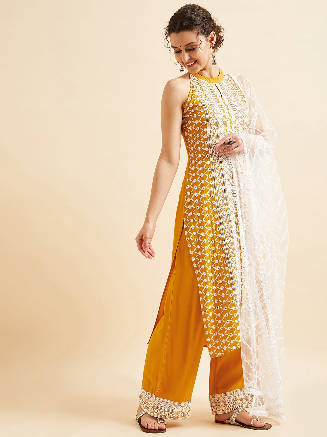 Yellow Ethnic Motifs Embroidered Thread Work Regular Kurta with Palazzos & Dupatta