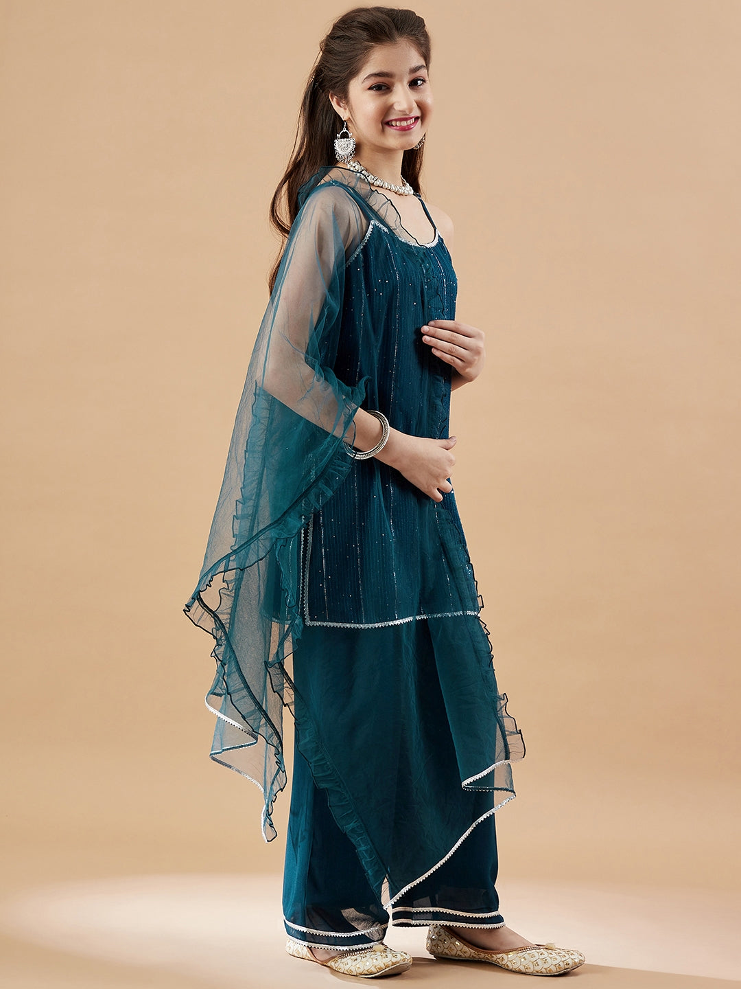 Girls Embroidered Sequinned Kurta with Palazzos & With Dupatta