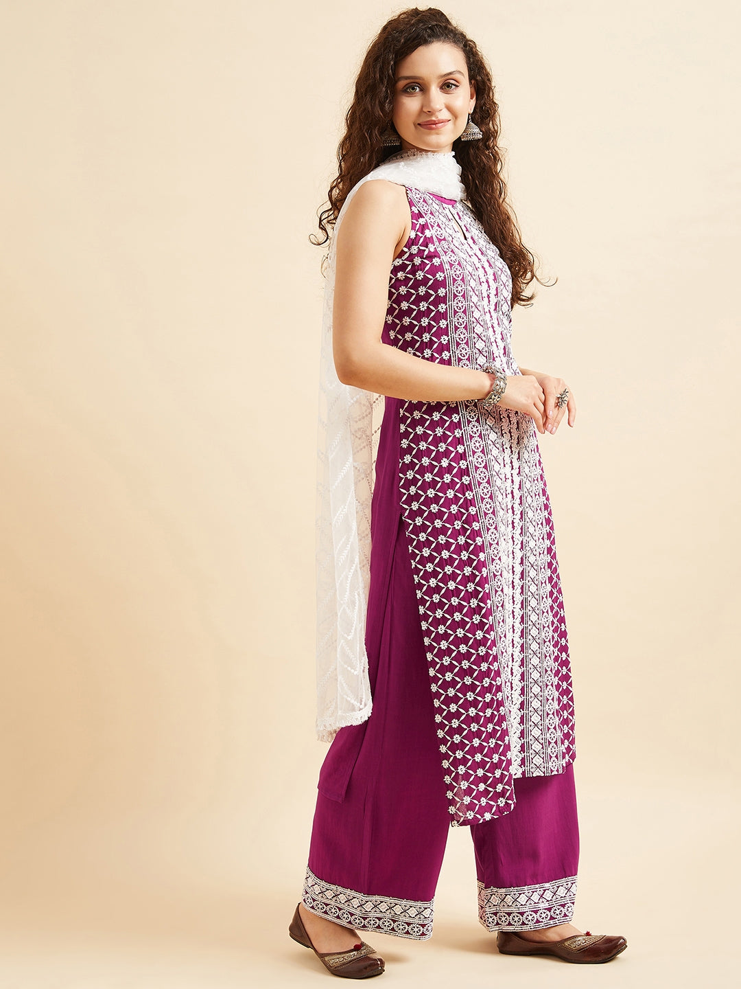Purple Ethnic Motifs Embroidered Thread Work Regular Kurta with Palazzos & Dupatta