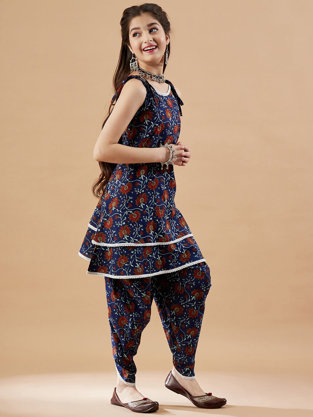 Girls Floral Printed Kurti with Dhoti Pants
