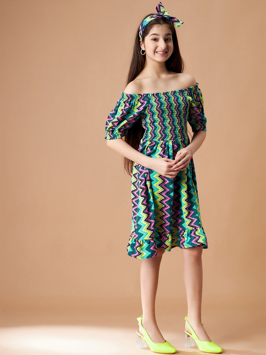Chevron Printed Off-Shoulder Crepe A-Line Dress