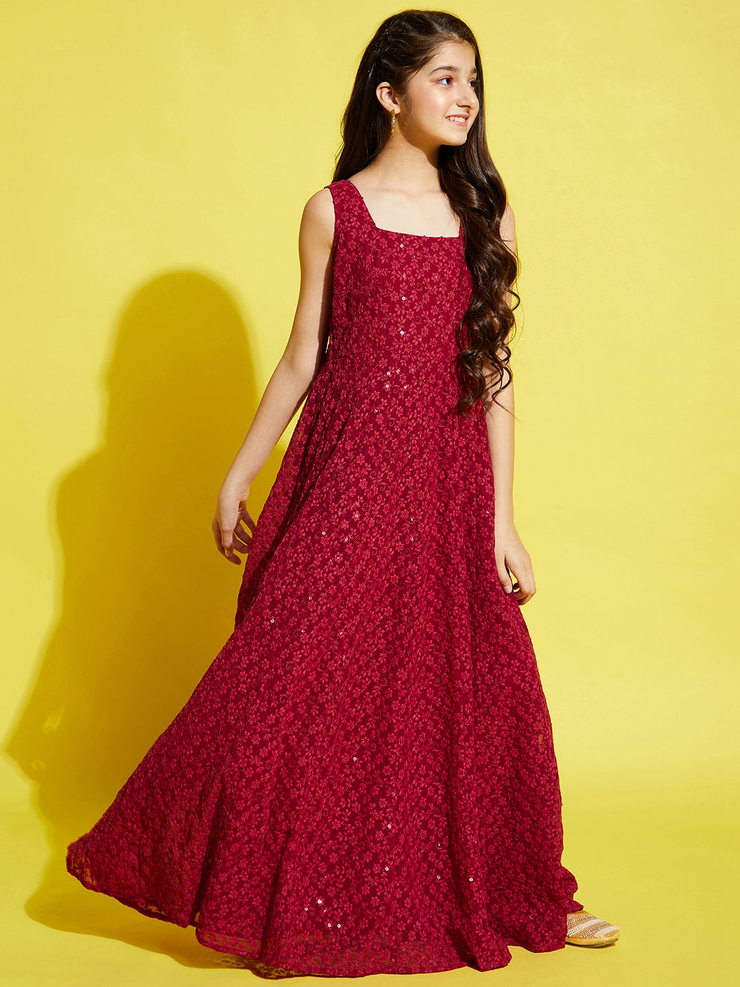 Maroon Floral Embroidered Ethnic Maxi Dress