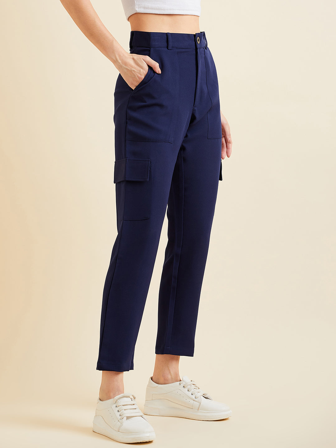 Navy Blue Smart Slim Fit Wrinkle Free Cigarette Trousers