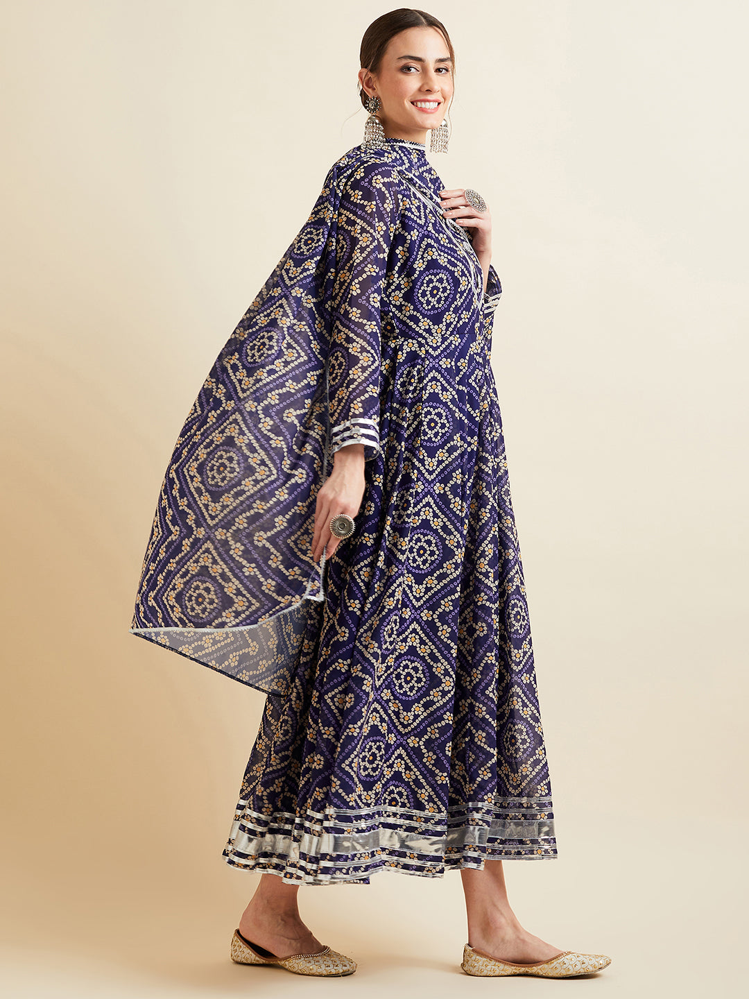 Blue Bandhani Printed Fit & Flared Maxi Ethnic Dress With Dupatta
