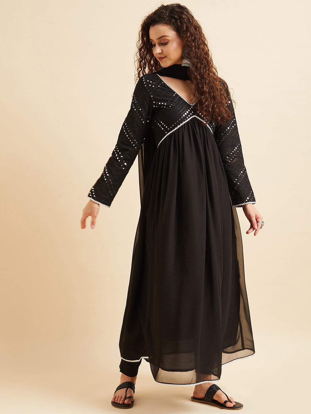 Black Mirror Work Anarkali Kurta & Trouser With Dupatta