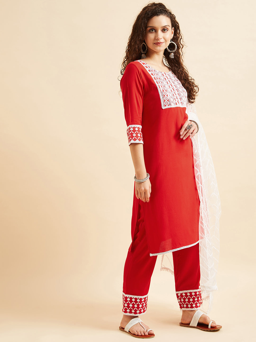 Red & White Ethnic Motifs Yoke Design Thread Work Kurta With Trousers & Dupatta