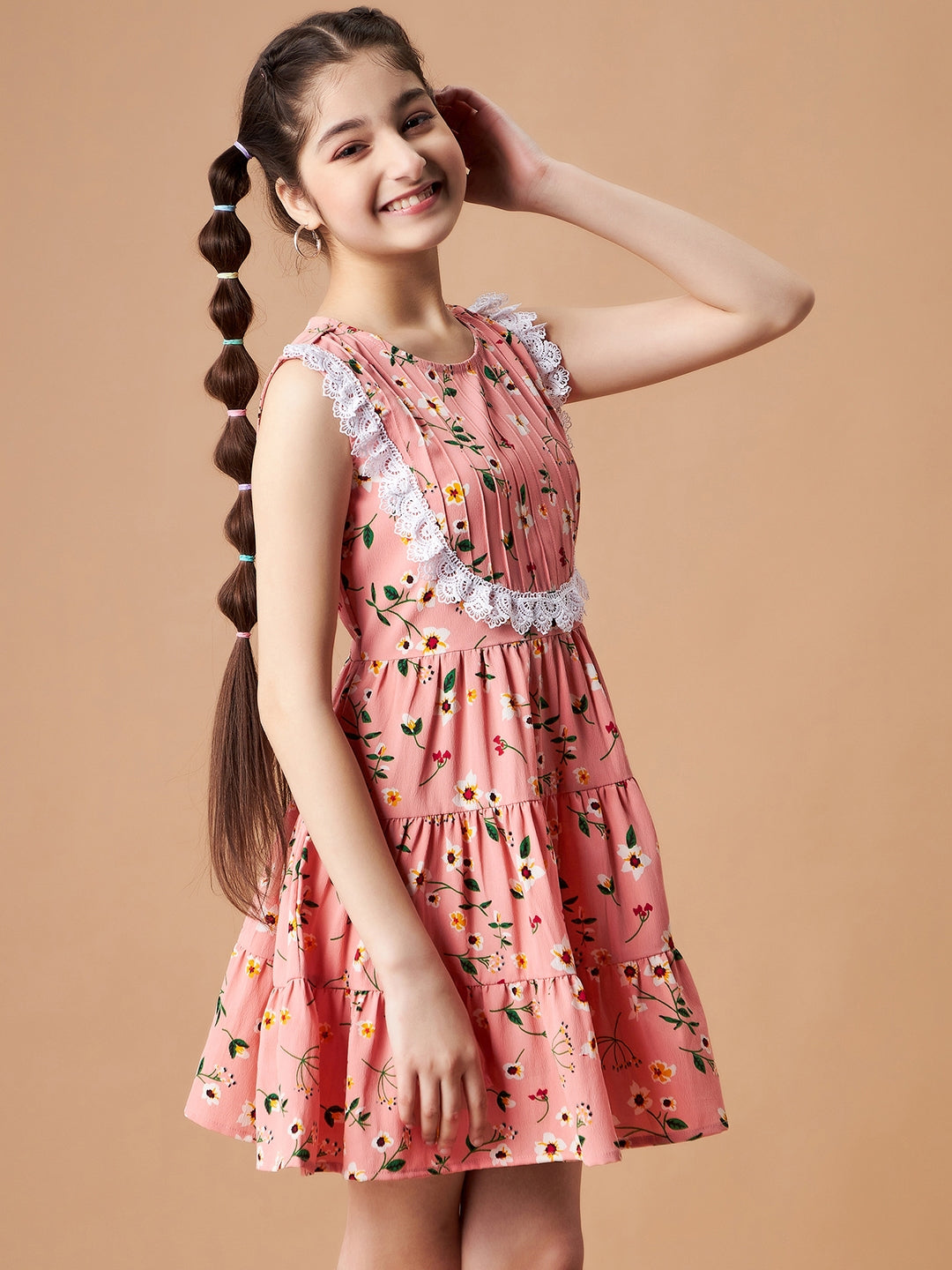Girls Peach Floral Printed Crepe Fit & Flare Dress