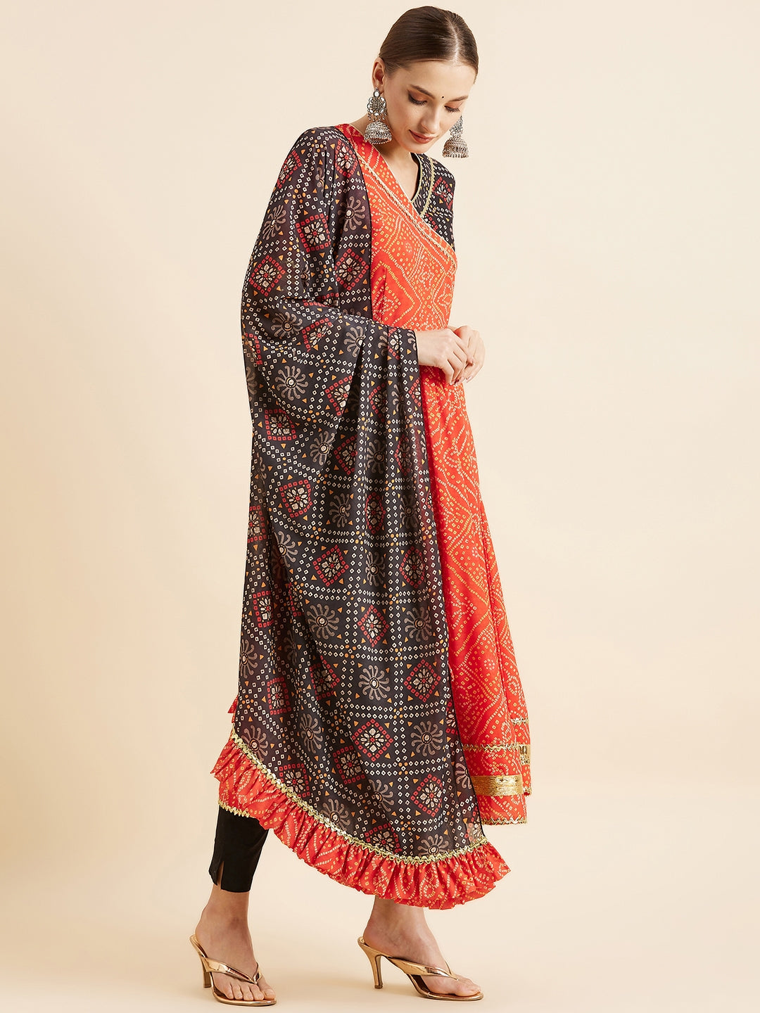 Bandhani Printed Angrakha Gotta Patti Kurta With Trousers & Dupatta