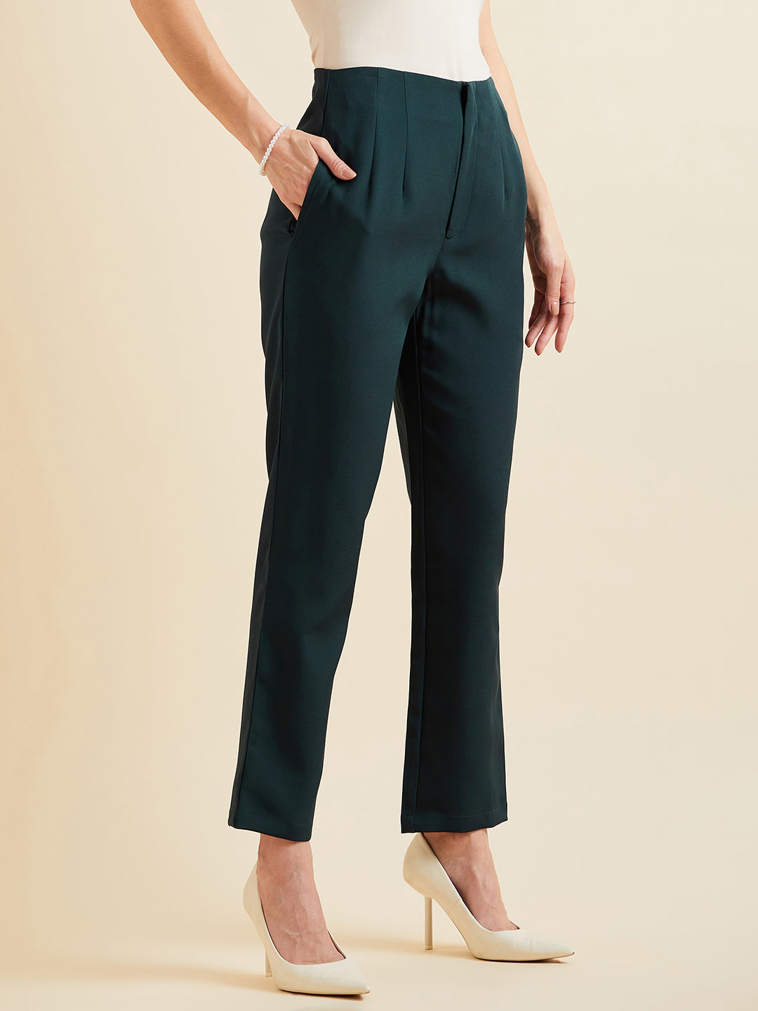 Teal Smart Straight Fit High-Rise Pleated Peg Trousers