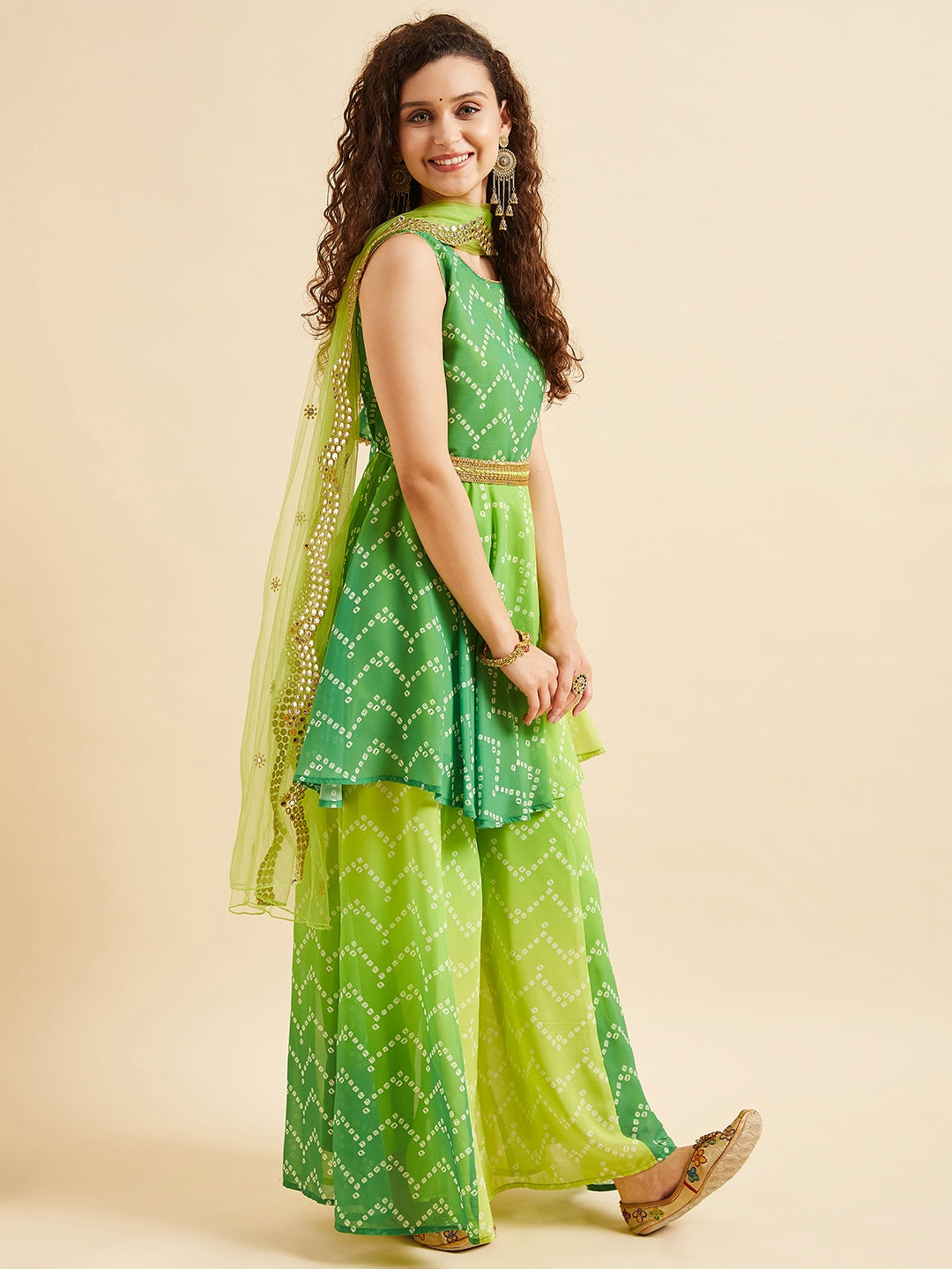 PANIT Green Bandhani Printed Zardozi Kurta with Sharara & With Dupatta