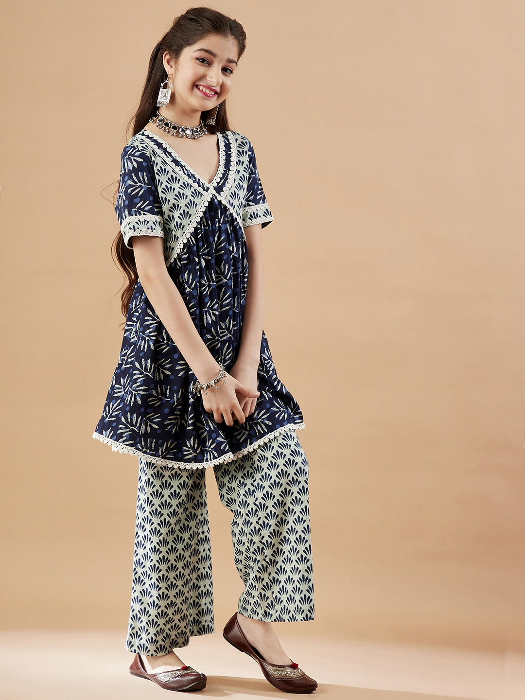 Girls Cotton Printed Panelled Kurti With Palazzos